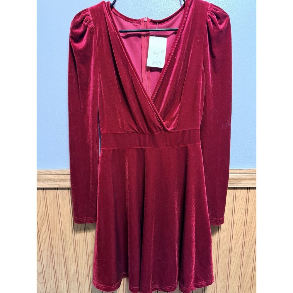 Women’s Burgundy Velvet Long Sleeve Midi Dress V Neck Zip Up Back Size Small